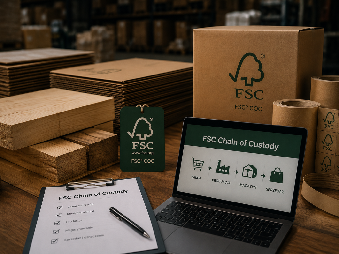 Pracownik magazynu sprawdza oznakowanie materiałów drewnianych podczas wdrożenia FSC Chain of Custody